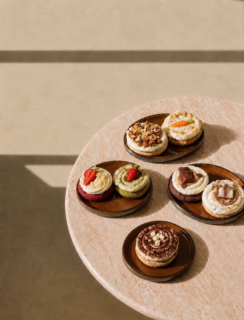 Crumble cookies van Lá Sweet op bordjes: red velvet, matcha, Kinder Bueno en meer